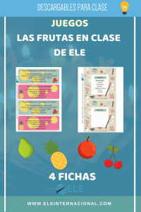 Juegos para hablar de frutas en clases de español. Cuatro actividades para que los alumnos interactúen entre sí utilizando los nombres de las frutas. #spanishteacher #games #materiales