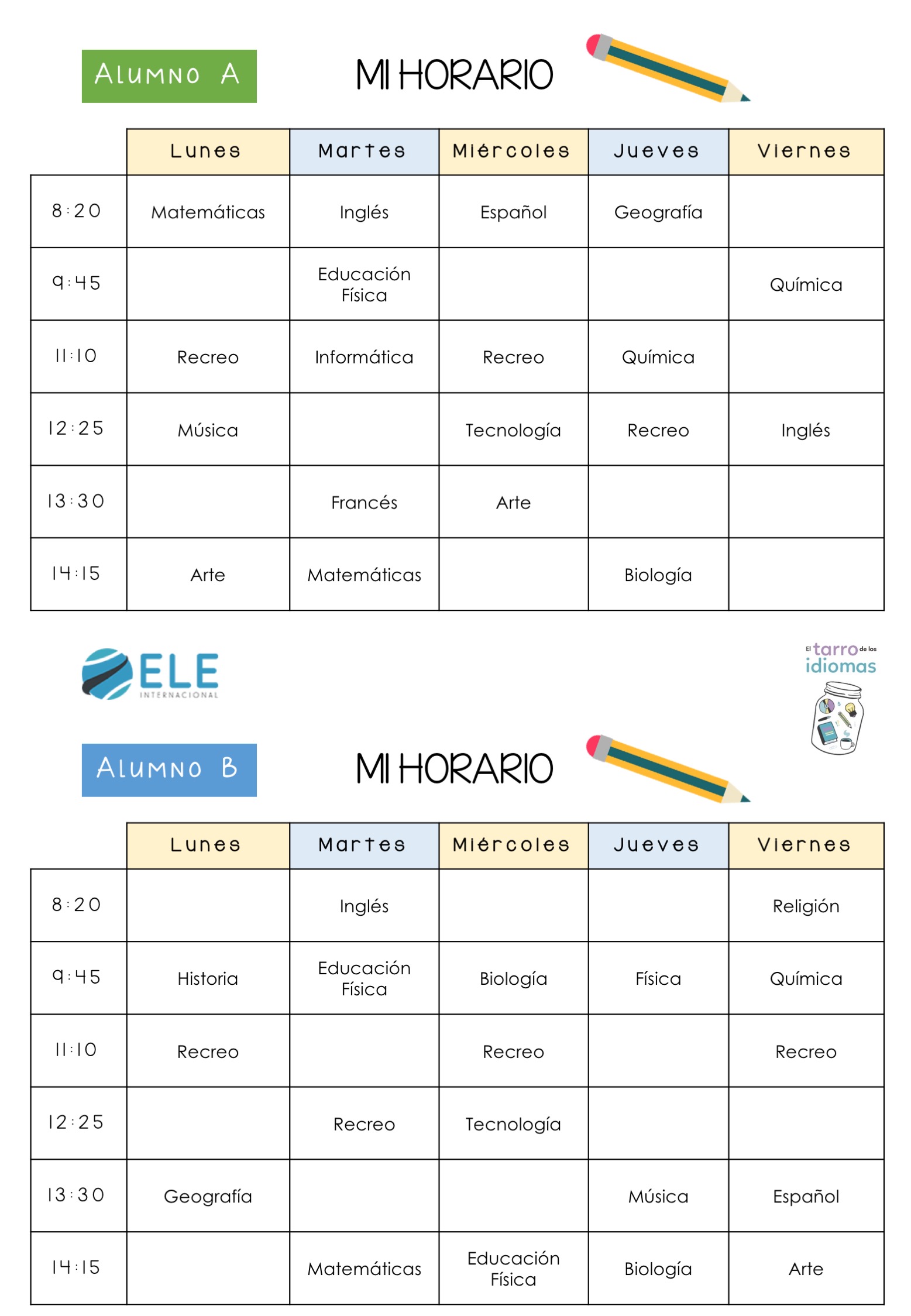 Actividad para trabajar los horarios en clase de ELE. Fichas para trabajar vocabulario de las clases y el colegio. #clasesdeele #spanishteacher