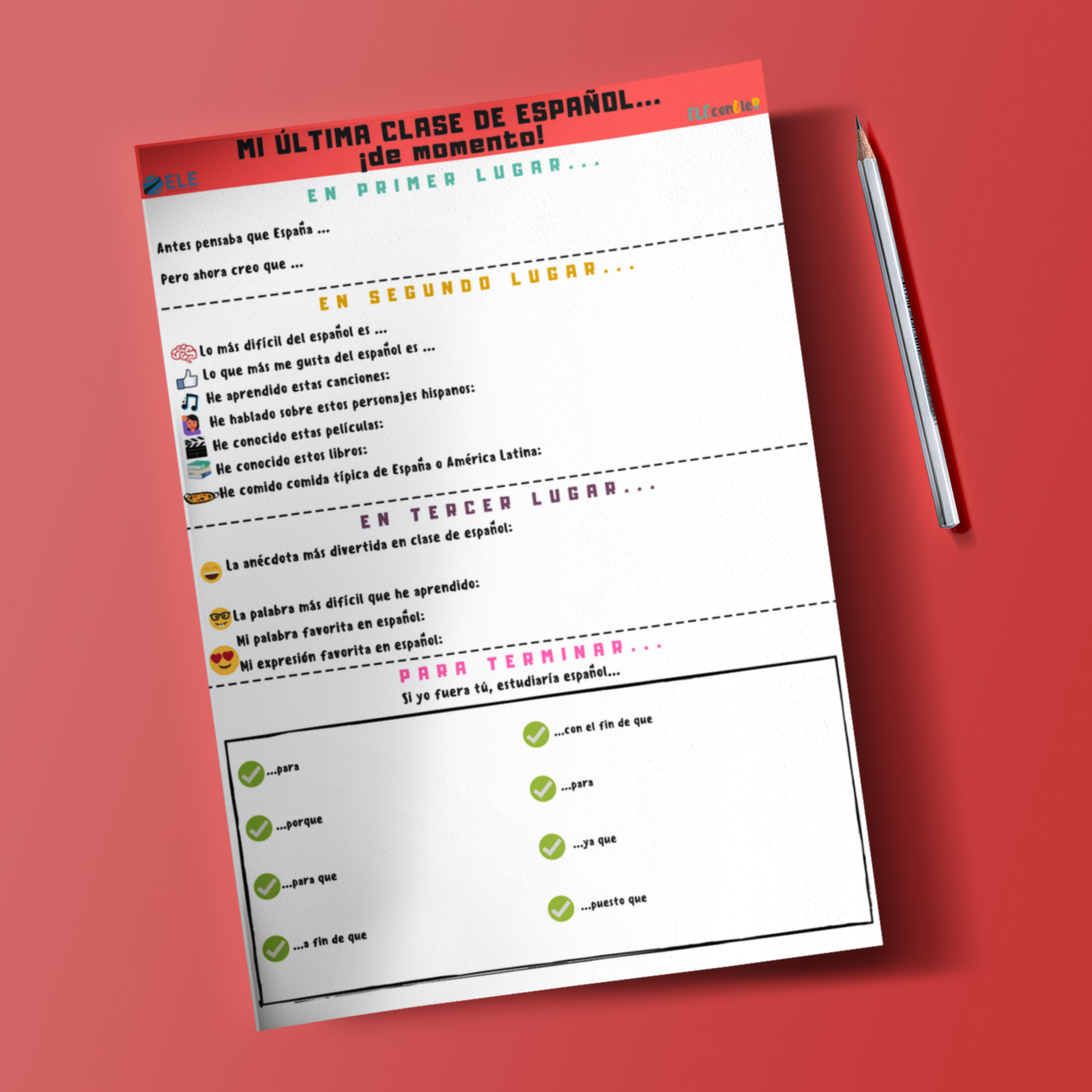 Mi última clase de ELE. Ficha para reflexionar y crear recuerdos. #clasedeele #Spanishteacher #teachmoreSpanish