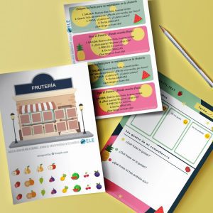 Juegos para hablar de frutas en clases de español. Cuatro actividades para que los alumnos interactúen entre sí utilizando los nombres de las frutas. #spanishteacher #games #materiales